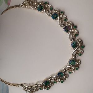 Coro Green Rhinestone Gold Choker Necklace Vintage